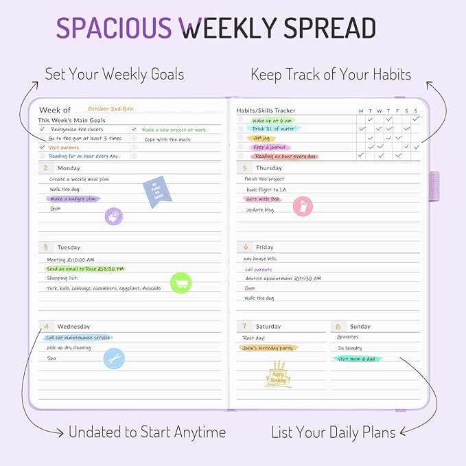 Undated Weekly Planner for 2025, Forvencer Simplified Weekly & Monthly Calendar Planner, Cute Daily Organizer Notebook, Agenda Journal to Track Goals & Tasks, Start Anytime, A5 Size, Brown Leaf