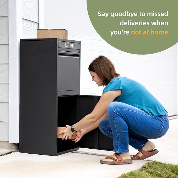 Package Delivery Boxes for Outside, Extra Large Capacity Modern Mailbox, Outdoor Freestanding Porch Box for Package (Black)