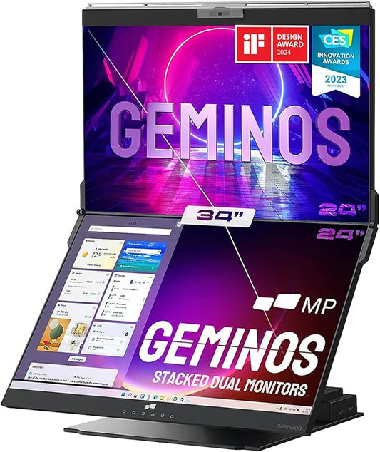 Mobile Pixels Geminos (2 x 24 inch) IPS Dual Stacked Computer Monitors with 65W USB-C Charging, 1080P Webcam&Speakers, All-Inclusive Workstation PC Monitor, USB-A/USB-C/HDMI, Ergo Design(2 Monitors)