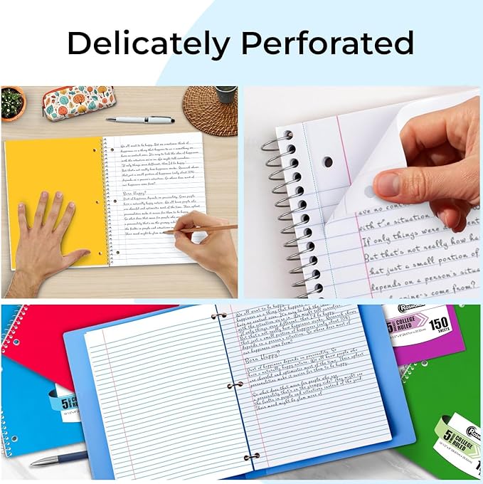 Spiral Notebook 36 Pack, 5 Subject, 300 Pages/Book (150 Sheets), College Ruled, 8 x 10-1/2, School & Office Bulk Spiral Notebooks, Sturdy Spiral Journal Notebook, Soft Cover, Assorted Colors