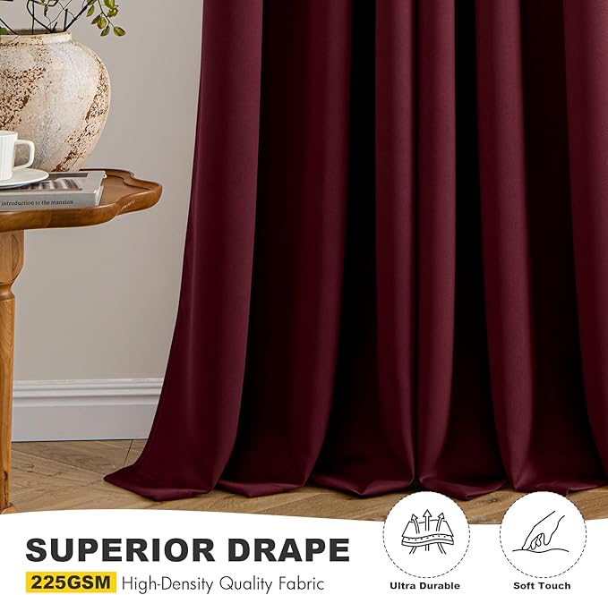 MIULEE Burgundy Red Blackout Curtains for Bedroom Living Room 96 Inches Long 2 Panels, Thermal Insulated Room Darkening Drapes Solid Grommet Top Noise Reduction Christmas Window Treatments 40x96 Inch