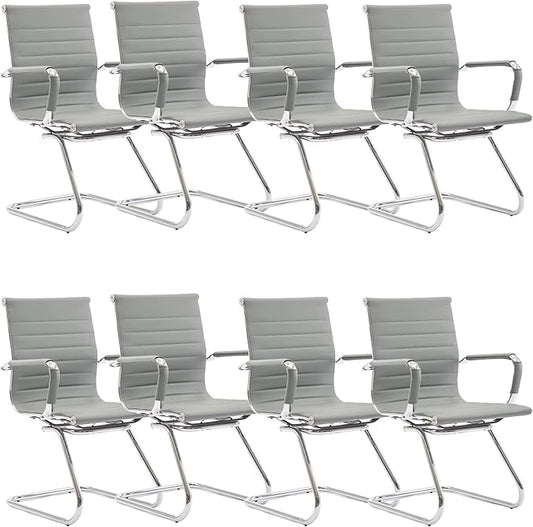Office Desk Chair Set of 8,No Wheels PU Leather Computer Chairs Mid Back Guest Chairs with Seld Base for School/Reception/Conference/Waiting Room,Grey
