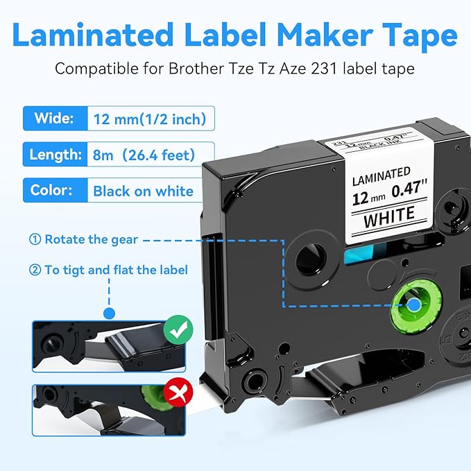 15 PK Label Maker Tape Replacement fot Brother P Touch TZe-231 12mm 0.47" Laminated Label Maker Refills- Compatible with Brother P Touch PT-D210 D220 D200 H110 D410