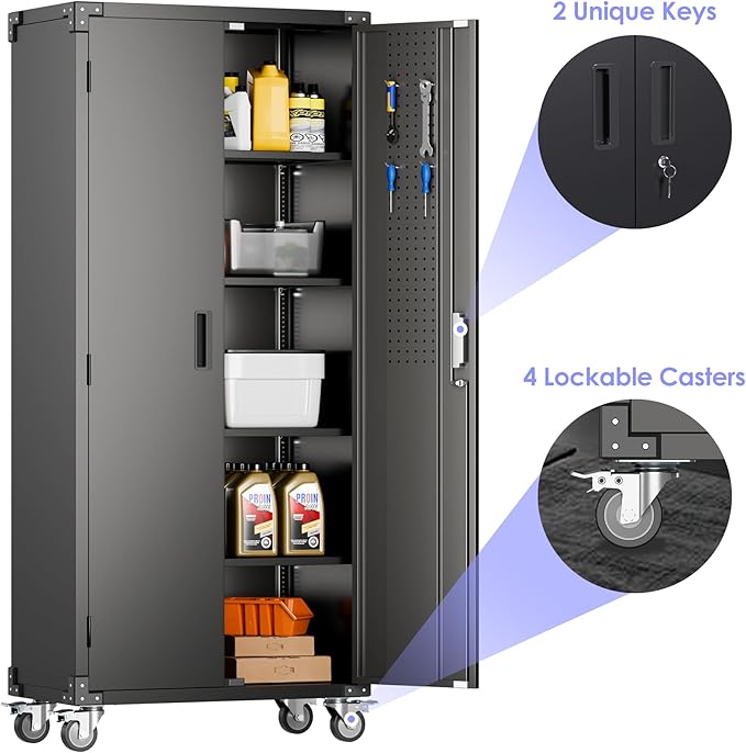 Aobabo Upgraded 72" H Garage Storage Cabinets with Wheels,Metal Storage Cabinets with Door Pegboard for Garage Home Office Storage,Assembly Required, Black