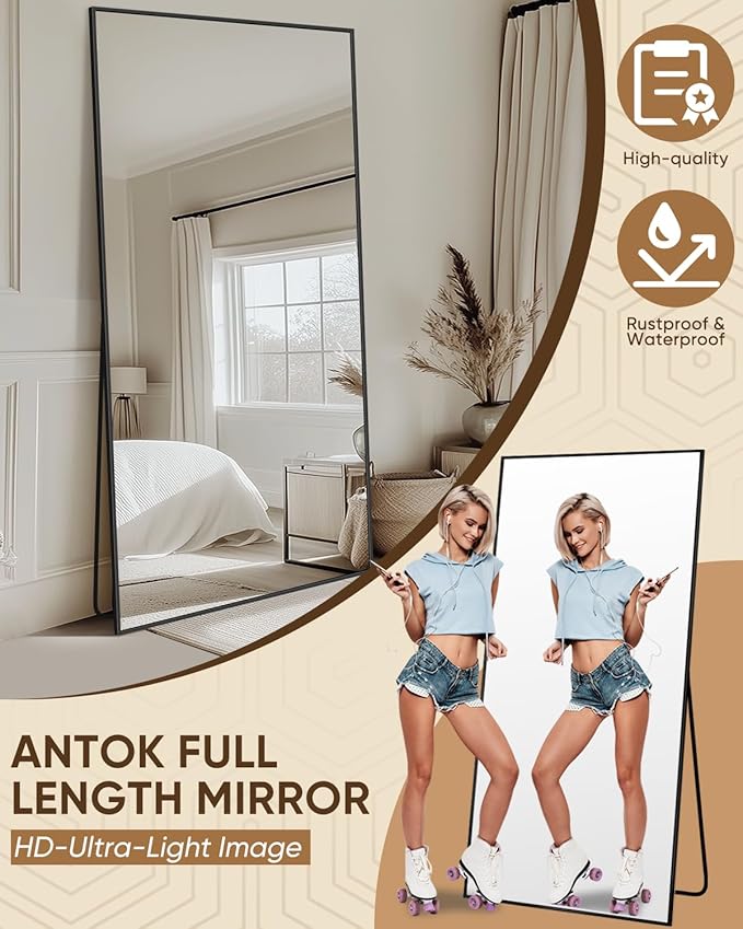 Antok Full Length Mirror, 76"x34" Floor Mirror, Floor Standing Freestanding Full Body Mirror with Stand for Bedroom, Hanging Mounted for Living Room Cloakroom, Black