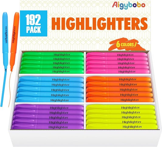 Aigybobo 192 Pack Highlighters in 6 Assorted Colors, Chisel Tip Dry-Quickly Highlighters Bulk, No Bleed Highlighter Markers for Kids Adults, Classroom Teachers Must Haves, School Office Supplies