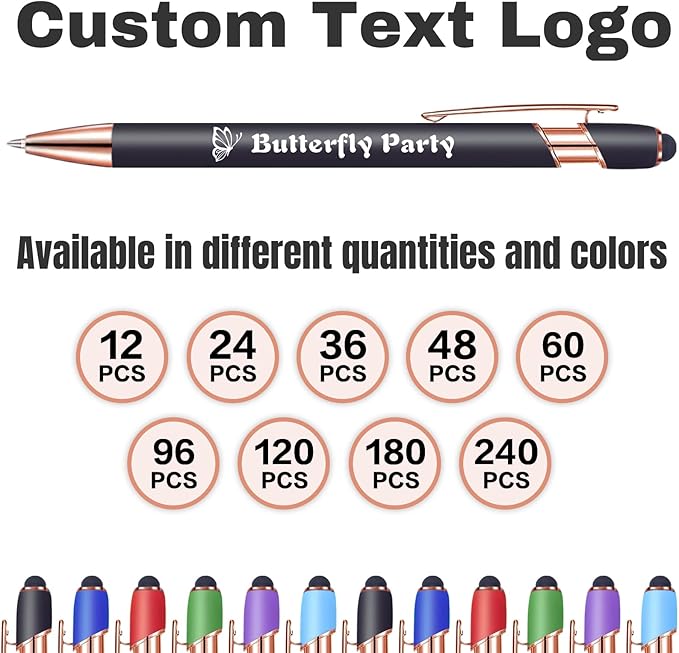 12-960 Custom Pens, personalized text and logo design, black ink, with touch pen tip, ideal for business, graduation gifts, and various events.