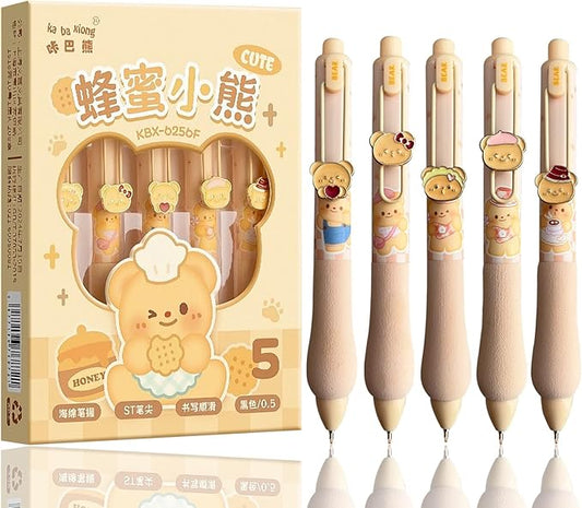 Cute Gel Pens 5Pcs Retractable Quick Dry Ink Pens 0.5mm Fine Point Black Ink Kawaii Smooth Writing Pens for School Office Supplies Aesthetic pretty pens (Honey Bear)