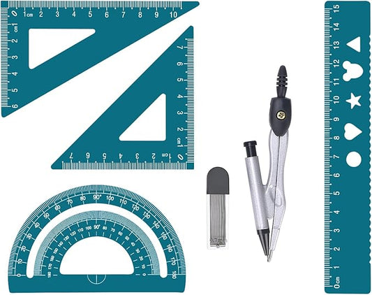 6 Pcs Metal Geometry Set, Math Geometry Kit, Metal Ruler Set and Compass Geometry Tool, Rulers Protractor and Compass Set for Student School and Drawings Supplies (Green)