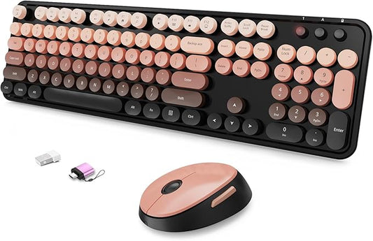 Wireless Keyboard and Mouse Combo, Ergonomic Full Size Typewriter Retro Round Keycaps Keyboard, Compatible with Windows, PC, Perfer for Home and Office Keyboards (Aurora Red)