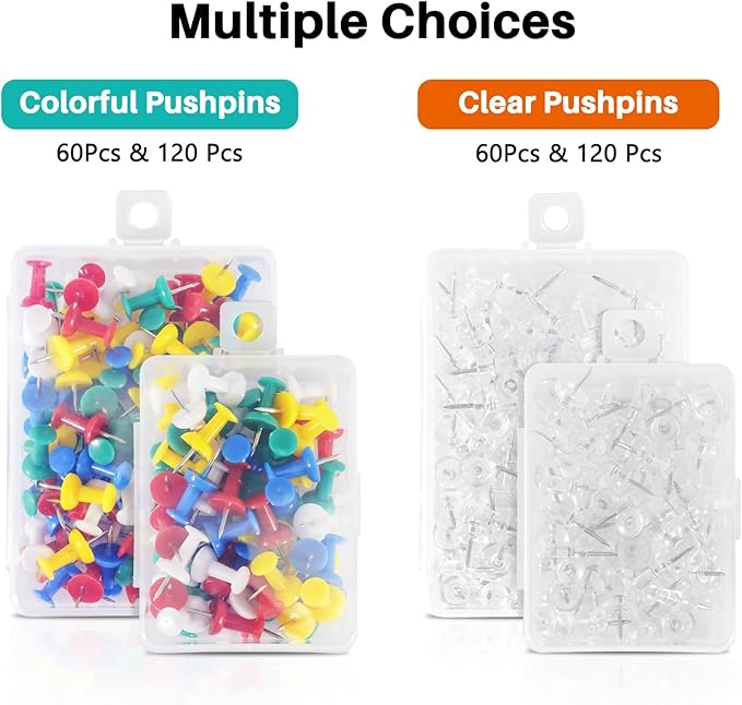 60Pcs Push Pins for Bulletin Board, Thumb Tacks for Cork Board, Clear Plastic Head, Steel Tip, Thumbtacks for Wall Poster Photo Maps Pictures Office Home Decor