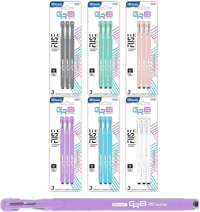 BAZIC Oil Gel Fuse Tech Ink Pen, GR8 Dazzle Black Ink w/Rubberized Barrel, 0.7 mm Medium Point Smooth Writing (3/Pack), 144-Packs