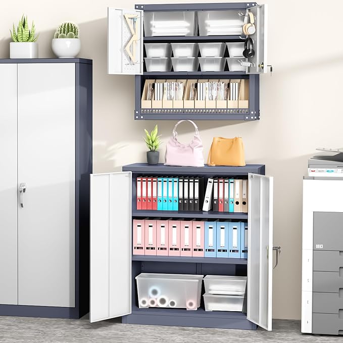 Greenvelly Metal Garage Storage Cabinet, Lockable Metal Cabinets with 2 Doors and Shelves,36”Steel Storage Locking Counter Cabinet for Office,Garage,Kitchen,Home,School(Grey White)