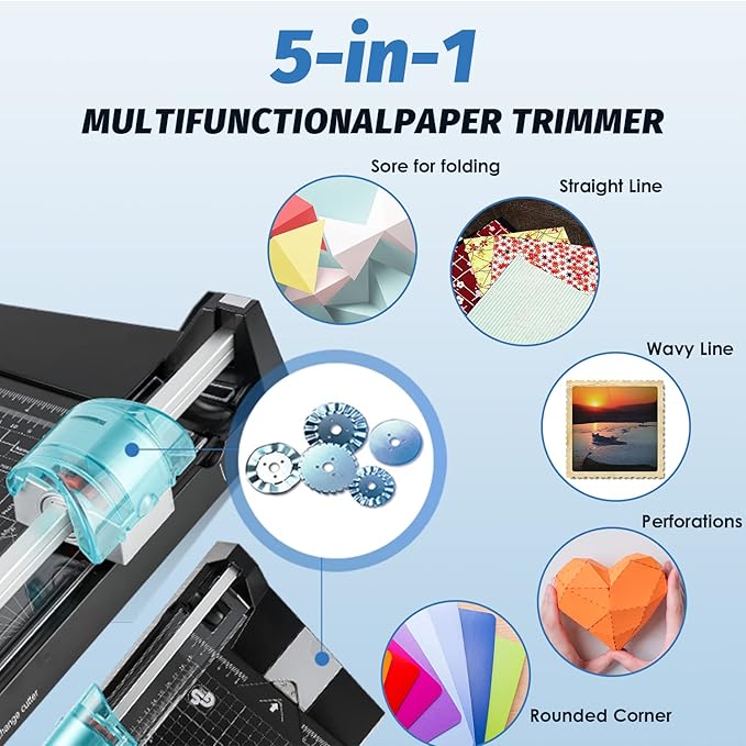 12 Inch Rotary Paper Cutter Heavy Duty, Paper Trimmer with 4 Different Blades for Straight/Wave/Dotted/Creasing Line, Suitable for Cutting Paper Coupons Photos Postcards Scrapbook