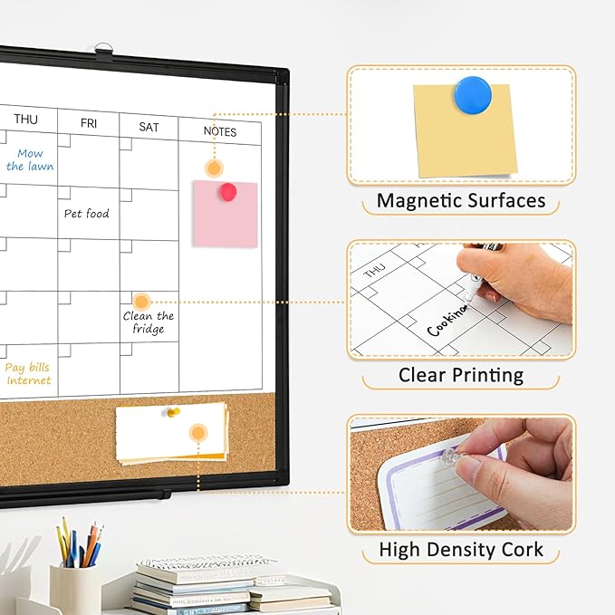 Dry Erase Calendar Board for Wall, 24"x18" Magnetic Whiteboard Calendar Double-Sided Monthly White Board with Cork Board, Black Aluminum Frame Memo Message Board for Office, Home, School