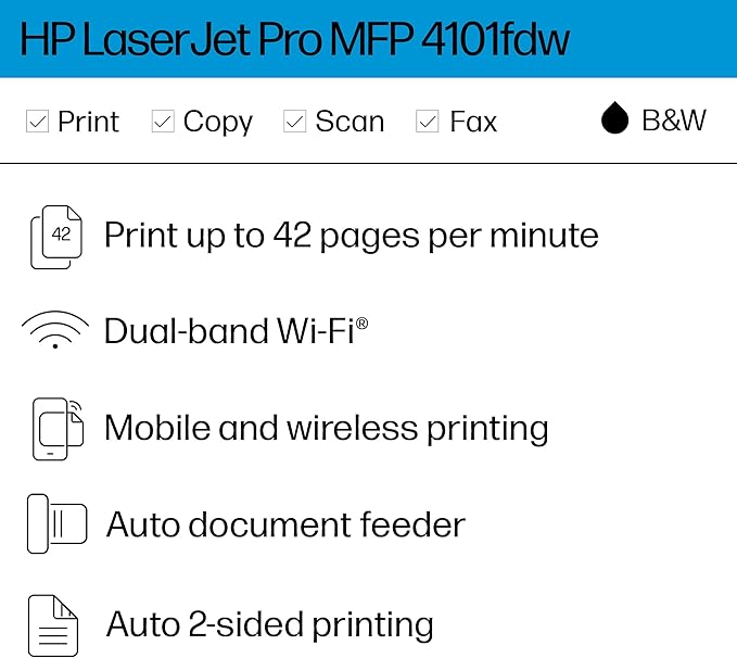 HP LaserJet Pro MFP 4101fdw Wireless Black & White All-in-One Laser Printer, Scanner, Copier, Fax, Best-for-Office (2Z619F)