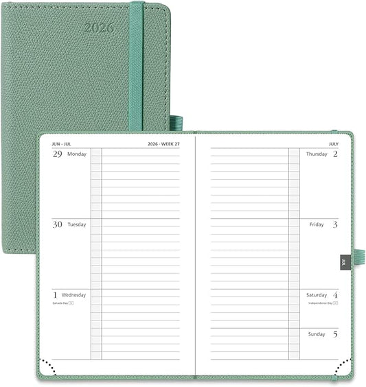 POPRUN Weekly Planner 2026 Calendar (Pocket 4'' x 6.25'') 12 Months Notebook with Horizontal Layout, Leather Hardcover, Inner Pocket, 100GSM Thick Paper, Pen Holder TJ - Midnight Green