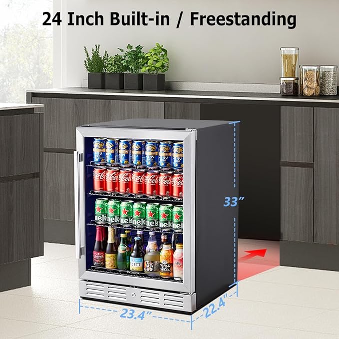 Kalamera 24 inch Beverage Refrigerator - 154 Cans Capacity Beverage Cooler- Fit Perfectly into 24" Space Built in Counter or Freestanding - for Soda, Water, Beer or Wine - For Kitchen, Bar or Office