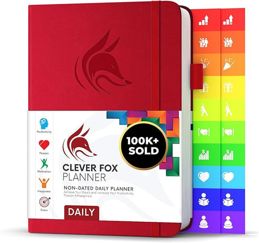 Clever Fox Daily Planner – Undated Planning Notebook with Hourly Schedule & To-Do List – Personal Day Task & Work Organizer, 6 Months (Red)