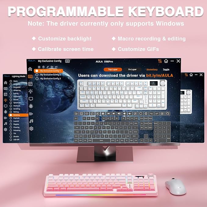 AULA S98 Pro Wireless Mechanical Keyboard with Screen & Knob,2.4GHz/USB-C/BT5.0 Hot Swappable Pink Creamy Keyboard,Pre-lubed Linear Switches,Side Printed PBT Keycaps,RGB Backlit Gaming Keyboards