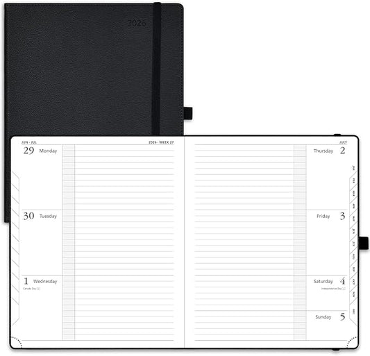 POPRUN Weekly Planner 2026 Calendar (Large 8.5" x 10.5") 12 Months Notebook with Horizontal Layout, Leather Hardcover, Inner Pocket, 100GSM Thick Paper, Pen Holder - Black