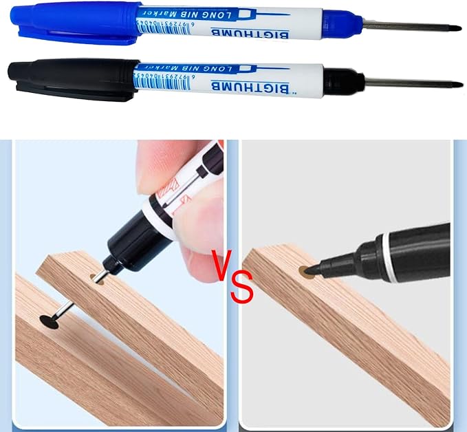8pcs Waterproof Deep Reach Markers, Long Nose in 2mm Felt Tip, 30mm Reach Permanent Pens, Deep Hole Carpenter Ink for Builders Construction