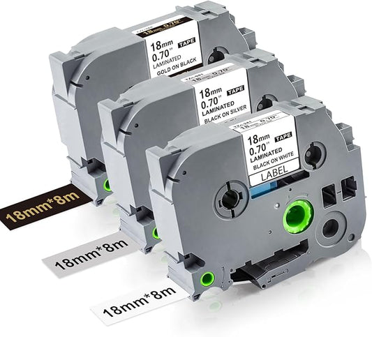 18mm Ptouch Tape Tze-241 344 941 Replacement for Brother Label Maker Tape 18mm 0.7 Laminated White/Black/Silver, TZe 18 mm Compatible with Brother Ptouch PT-D400 PT-D410 PT-D460BT PT-P710BT