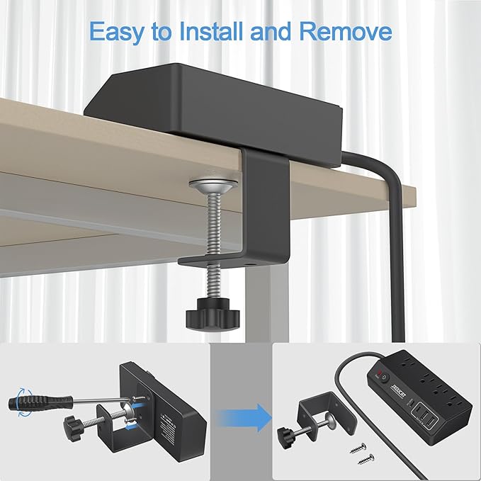 Desk Clamp Power Strip with PD 20W USB C, JXGUCAT Removable Fast Charging Desktop Edge Power Strip Surge Protector, 10 ft Extension Cord Flat Plug with 4 Outlet 4 USB Ports, Fit 1.8" Tabletop Edge