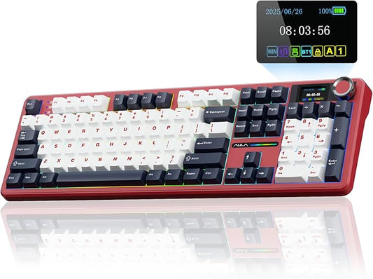AULA F108 PRO - Wireless Mechanical Keyboard with Screen&Knob,Hot Swappable Gaming Keyboard with 8000mAh Battery,Pre-lubed Switches,RGB Backlit,PBT Keycaps Creamy Sounding Computer Keyboards,104 Keys