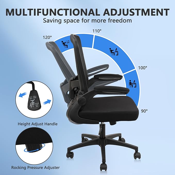 Office Desk Chairs with Wheels, Ergonomic Mesh Chair with Adjustable Height Lumbar Support, Rolling Swivel Computer Task Chair with Flip Up Armrests for Home, Study, Conference, Black (8PK)