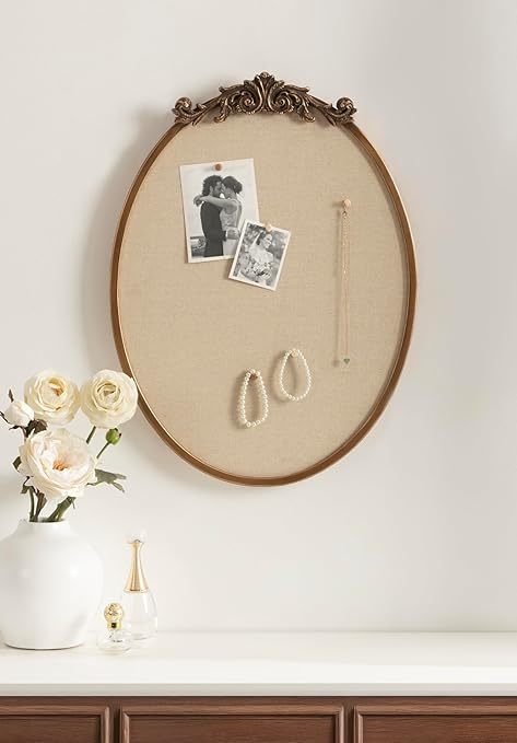 Kate and Laurel Arendahl Decorative Oval Pinboard, 18 x 24, Gold, Framed Round Ornate Vintage Cork Board for Use as Motivational Vision Board or Wall Organizer