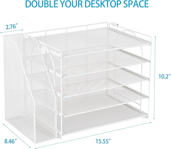 AUPSEN White Desk Organizers and Accessories, 5-Tier Letter Tray Paper Organizer with Adjustable File Holder, Desktop Office Desk Accessories for Office Supplies