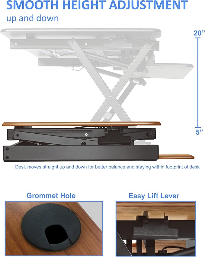 Rocelco 46" Large Height Adjustable Standing Desk Converter - Quick Sit Stand Up Triple Monitor Riser - Gas Spring Computer Workstation - Retractable Keyboard Tray - Teak Wood Grain (R DADRT-46)