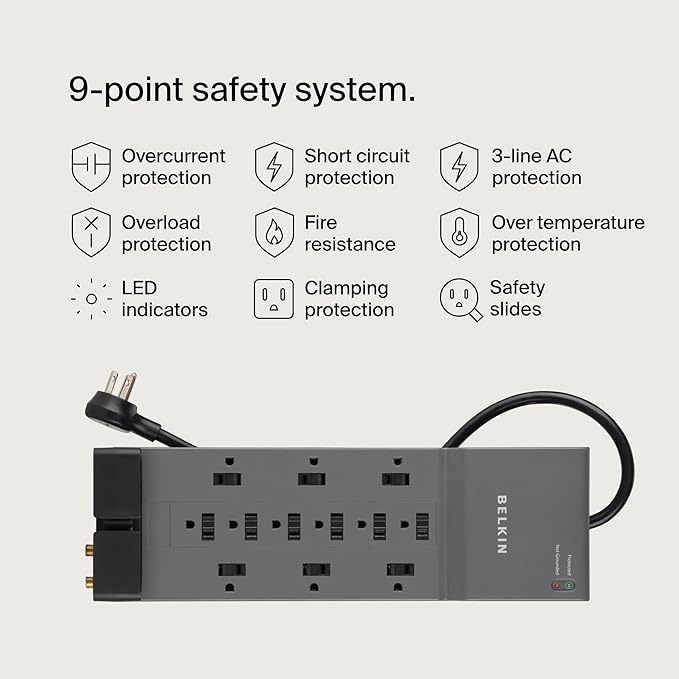 Belkin Surge Protector Power Strip w/ 12 AC Outlets & 8ft Long Flat Plug, UL-listed Heavy-Duty Extension Cord for Home, Office, Travel, Computer, Laptop, Phone Charger - 3,940 Joules of Protection