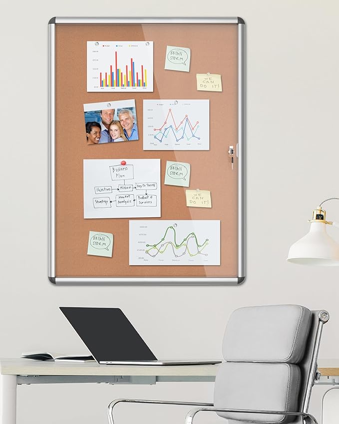 38"x28" Enclosed Bulletin Board, Lockable Weather-Resistant Aluminum Cork Noticeboard for School & Office, Silver Frame w/Cork