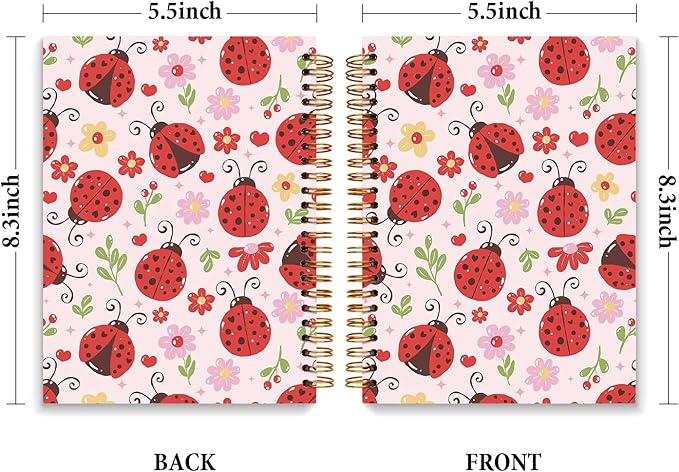 JXREQ Cute Pink Ladybug Floral Notebook Insects Journal for Women Note Taking Writing, Cute School Office Supplies, Preppy Aesthetic Spiral Notebooks 5.5x8.3