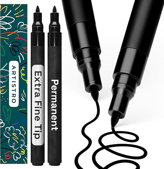 ARTISTRO 2 Black Permanent Marker - Waterproof Markers for Tire, Fabric, Rocks, Glass, Ceramic, Wood, Paper - Oil Based Paint Pens - Extra-Fine Tip 0.7mm