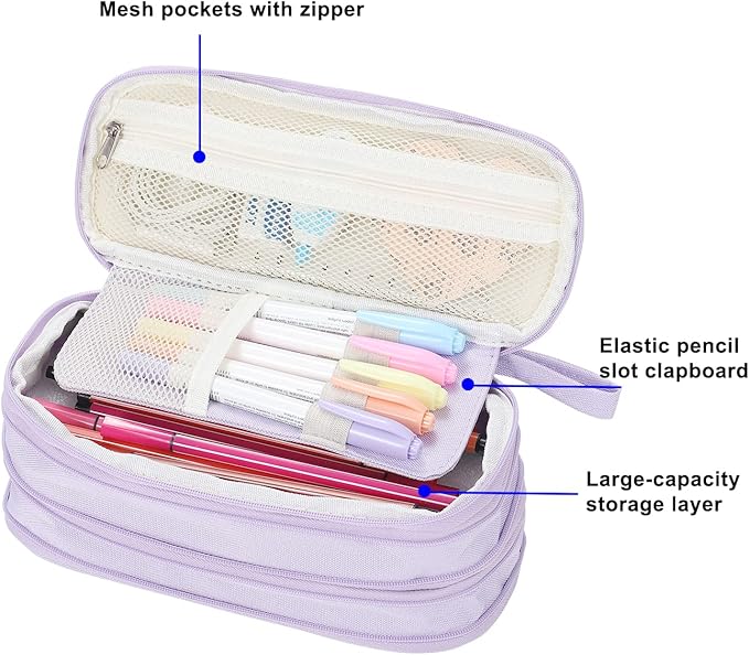 Large Pencil Case Zipper Pencil Pouch Organizer Big Capacity Pencil Bag with Handle Portable for Girls Kids Adults Gift Pen Case for School Home Office Purple