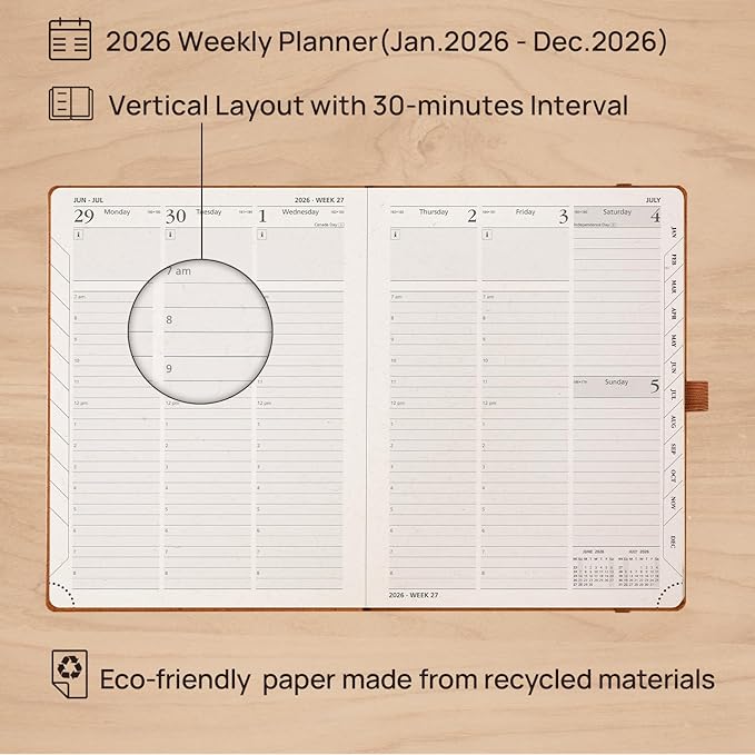 POPRUN 2026 Planner - 2026 Recycled Weekly Planner[6.5''x 8.5''- Italian Regenrated Leather Hard Cover] with Hourly Schedule & Vertical Weekly Layout, Monthly Tabs, Inner Pocket - Desert Brown