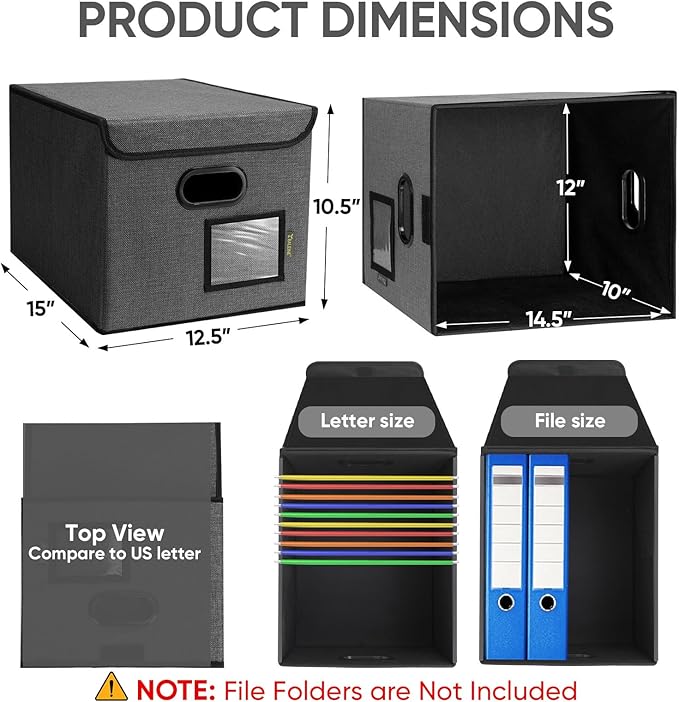 BALEINE File Organizer Box with Lid, Collapsible File Folder Organizer with Plastic Slide, Hanging File Folder Box for Office Document Storage (2 Pack, Black)