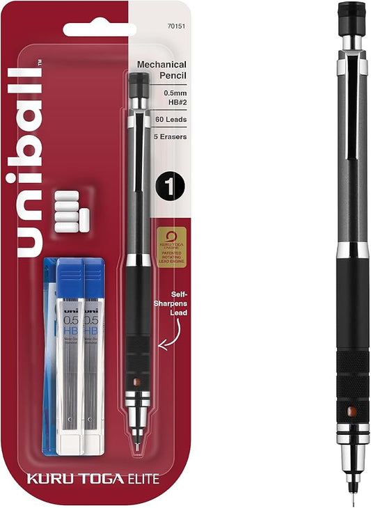 uniball Kuru Toga Elite Mechanical Pencil Starter Kit, 0.5mm, HB #2, Gun Metal Barrel, 1 Pack