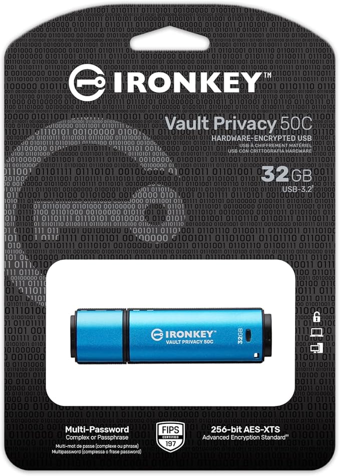 Kingston Ironkey Vault Privacy 50 USB-C 32GB Flash Drive | FIPS 197 Certified | XTS-AES 256-bit | BadUSB and Brute Force Protection | Mult-Password Option | IKVP50C/32GB
