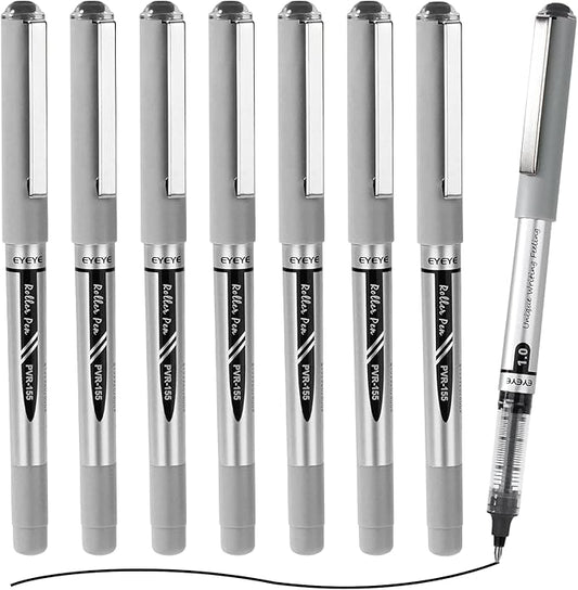 EYEYE Black Rollerball Pens 1.0mm, 8 Pack Bold Point Roller Ball Pen Quick Dry, Liquid Ink Pen Fine Point Smooth Writing Pens for Journaling, Note Taking, Office, School Supplies
