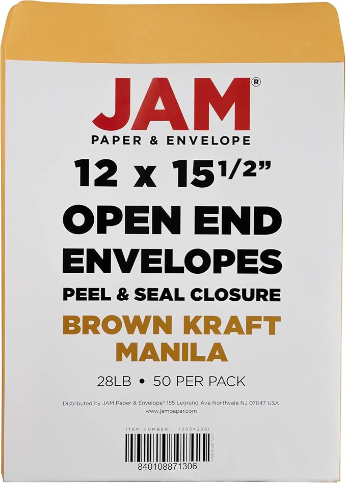 JAM PAPER 12 x 15 1/2 Open End Catalog Recycled Envelopes with Peel and Seal Closure - Brown Kraft - 50/Pack