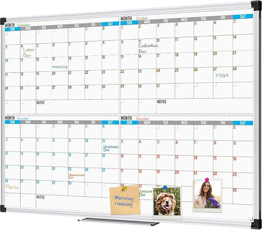 XBoard Magnetic Calendar Whiteboard 48" x 36" - 4 Month Colorful Calendar Dry Erase Board for Monthly Planning, Silver Aluminium Framed