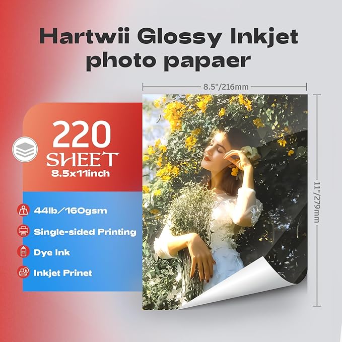 220 Sheets Photo Paper Glossy Inkjet 8.5x11 44lb 160Gsm A4 Letter Size Suitable for All Dye Ink Printers