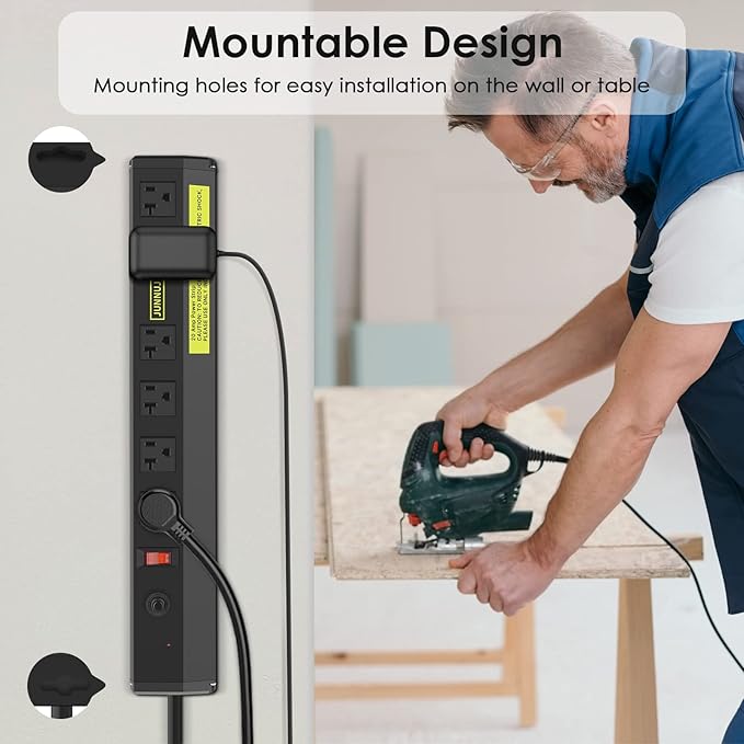 JUNNUJ Heavy Duty Metal Power Strip 20 Amp, High Amp Surge Protector 6 Outlet, 20A Power Strips Workshop Industrial Outlets Wide Spaced 6-20R T-Slot with Circuit Breaker, 12 Gauge Extension Cord 10ft