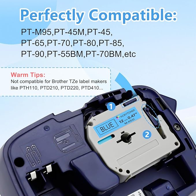 Compatible for Brother P-Touch M Tape M-K531 MK531 M531 MK-531 Black on Blue Label Tape 0.47" (12mm) x 26.2ft 3 Pack