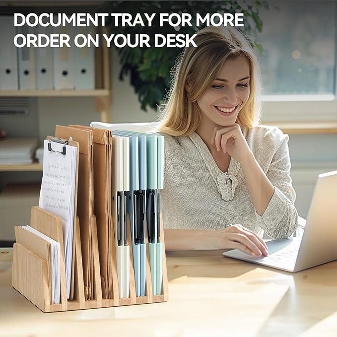 KIRIGEN Desktop File Document Holder Stand 7 Slots Mail Paper Organizer Desk Sorter Holder for File Document Organizer Stand for Home Office Natural (7KWJJ-NA)