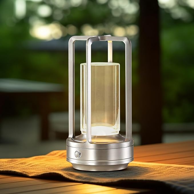 Portable Metal Table Lamp,Rechargeable Cordless LED Lamp for Indoor Outdoor, 3 Colour 4000MA Infinitely Dimming Battery Powered Small Desk Lamp, Restaurant Bedroom Bar Coffee Shop Camping Light-Silver